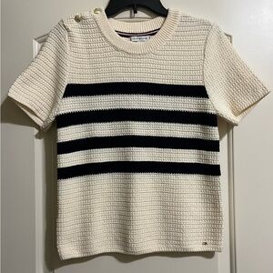 Tommy Hilfiger Cream Black Short Sleeve Cable Knit Sweater Designer Buttons M